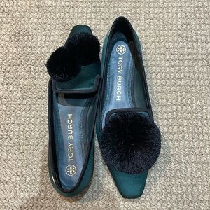 Tory Burch satin green flat with black Pom poms